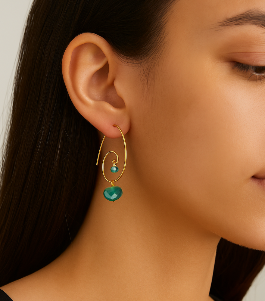 Model Wearing Shyla Onyx Earrings in 18k Gold Jewelry for Pierced Ears Yellow with Hallmark Stamp One Size 4.2gms