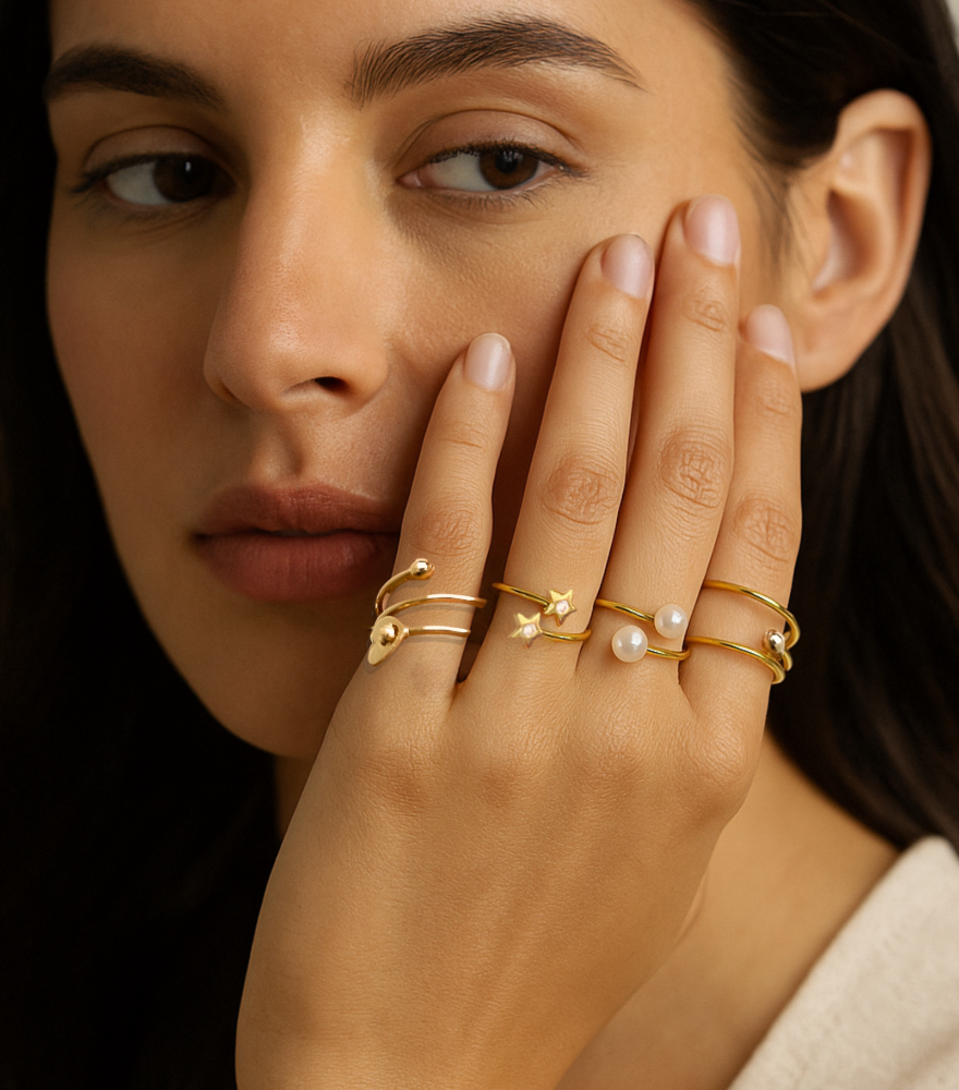 Model Wearing Stella Star Ring in 18kt Gold Open-Adjustable-Resizable 18k Yellow with Hallmark Stamp Metal One Size 1.4gms