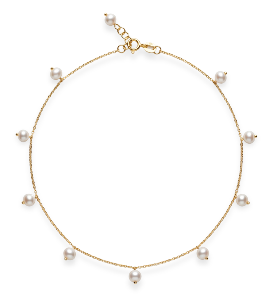 Front View of Aurora Pearl Charm Anklet in 18k gold Adjustable Length Yellow Gold with Hallmark Stamp 9 inches 1.3gms