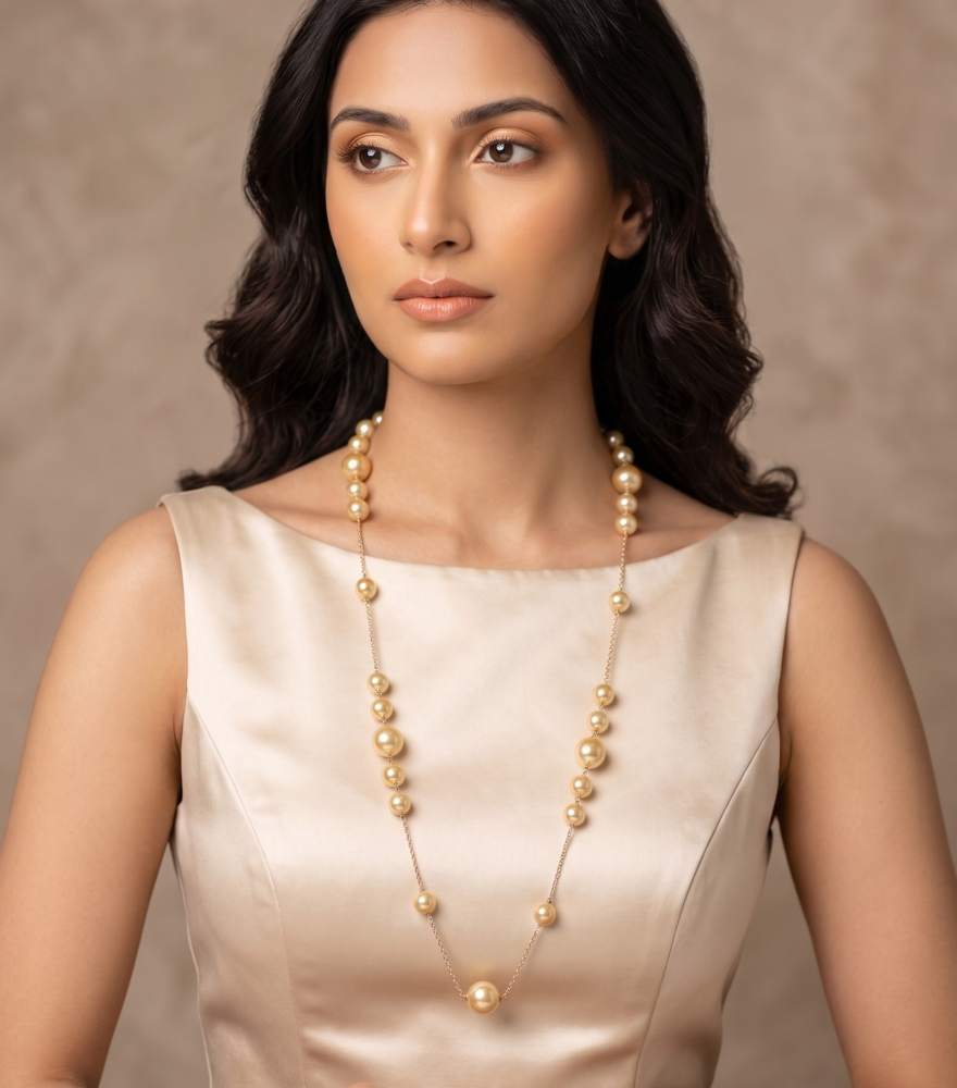 Model Wearing Alisha Pearl Necklace in 18k Gold Fixed Length Yellow with Hallmark Stamp Metal Stone One Size 55.2gms
