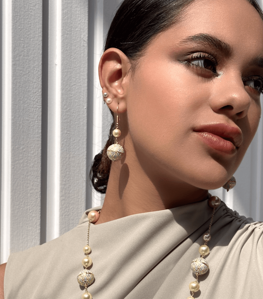 Alternate View of Model Wearing Duaa Earrings in 18k Gold Jewelry for Pierced Ears Yellow with Hallmark Stamp Metal One Size 7.2gms