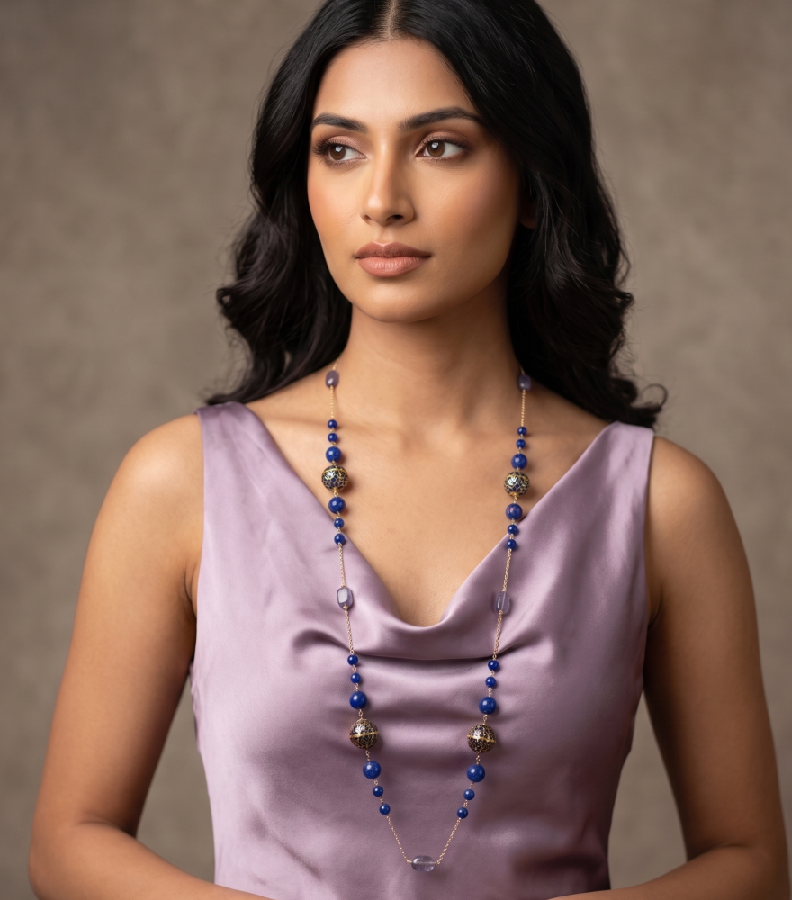 Model Wearing Esha Enamel Necklace in 18k Gold-Blue Comfort Fit Yellow Gold with Hallmark Stamp Metal Stone One Size 32.8gms