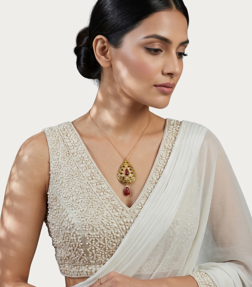 Model Wearing Aarohi Polki Pendant in Gold Fixed Length 18k Yellow with Hallmark Stamp Metal One Size 17.8gms