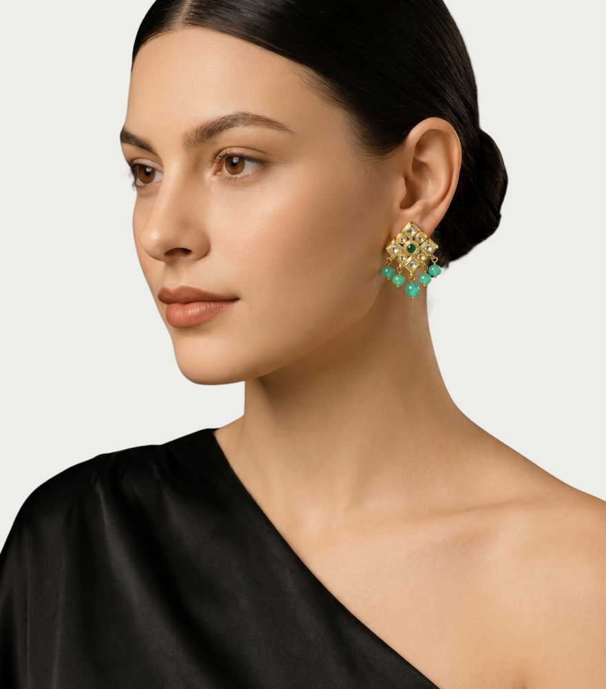 Alternate View of Model Wearing Swati Earrings in Gold Jewelry for Pierced Ears 18k Yellow with Hallmark Stamp Metal Stone One Size 10.3gms