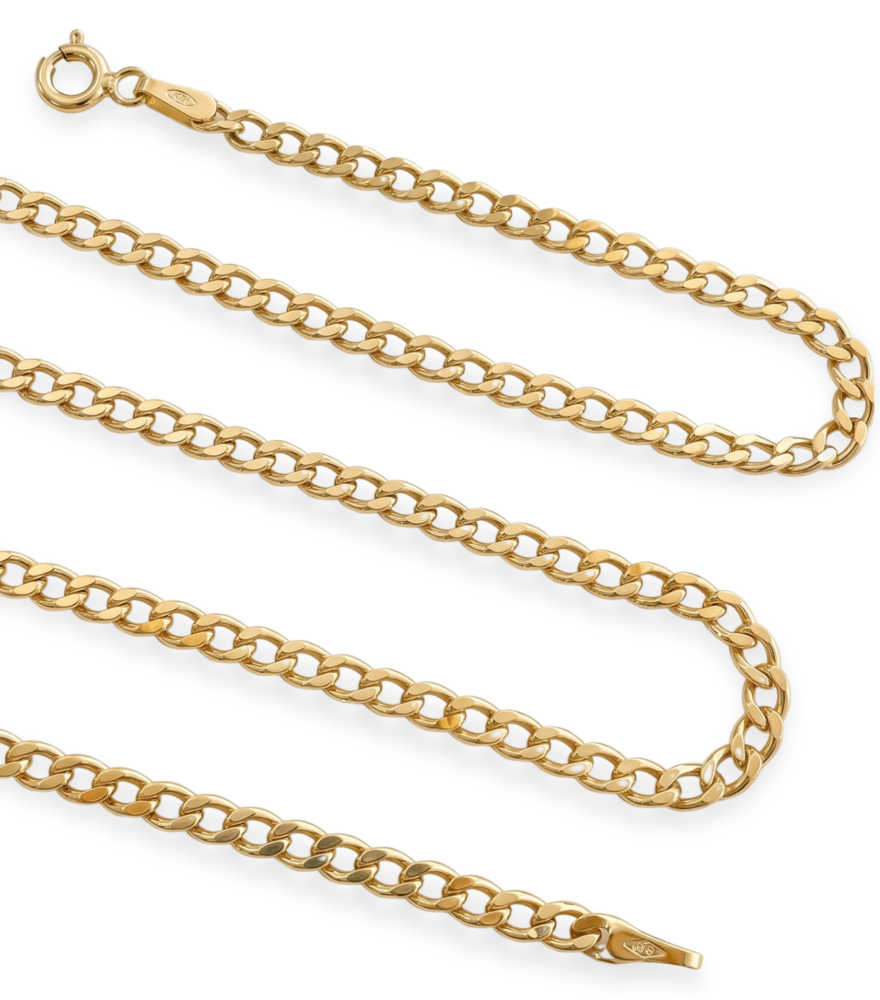 Closeup of Cuban Luxe Chain Necklace in 18k Gold Fixed Length Yellow with Hallmark Stamp 17 inches 3.6gms