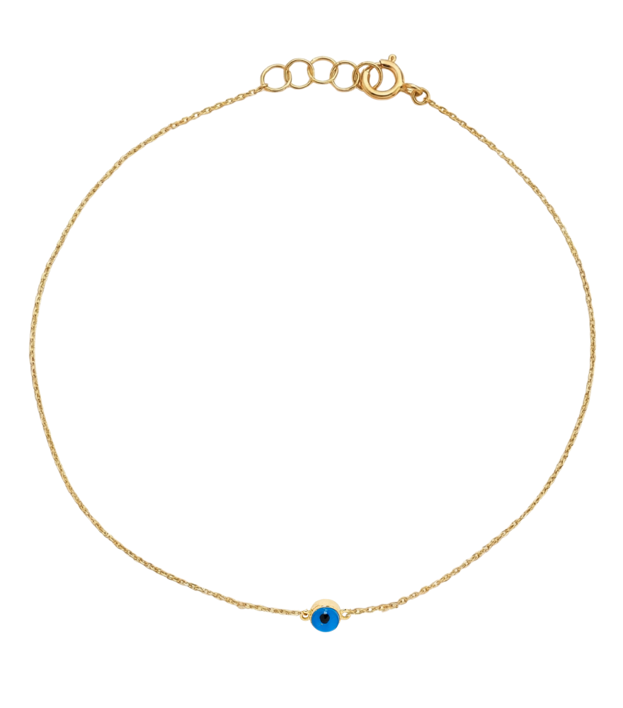 Front View of Reem Protection Evil Eye Anklet in 18k Gold Adjustable Length Yellow with Hallmark Stamp
