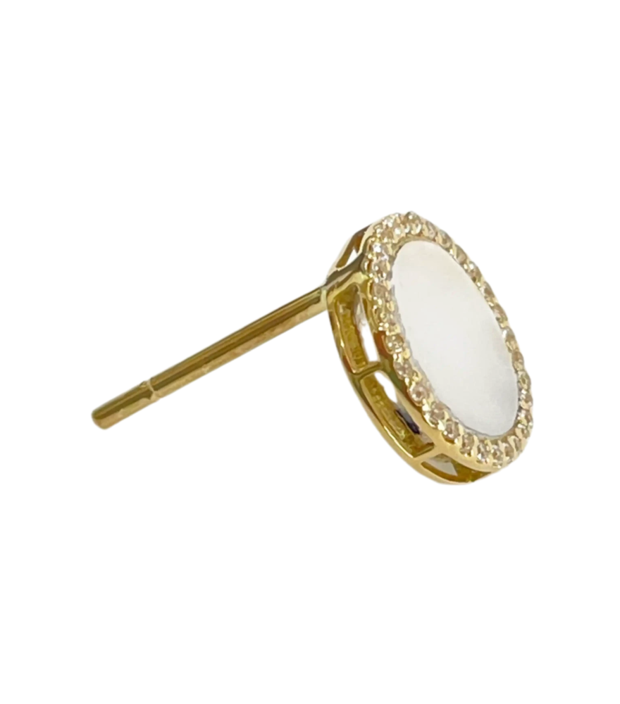 Closeup of Zira Mother of Pearl Stud Earrings in 18k Gold Jewelry for Pierced Ears Yellow with Hallmark Stamp 1.6gms