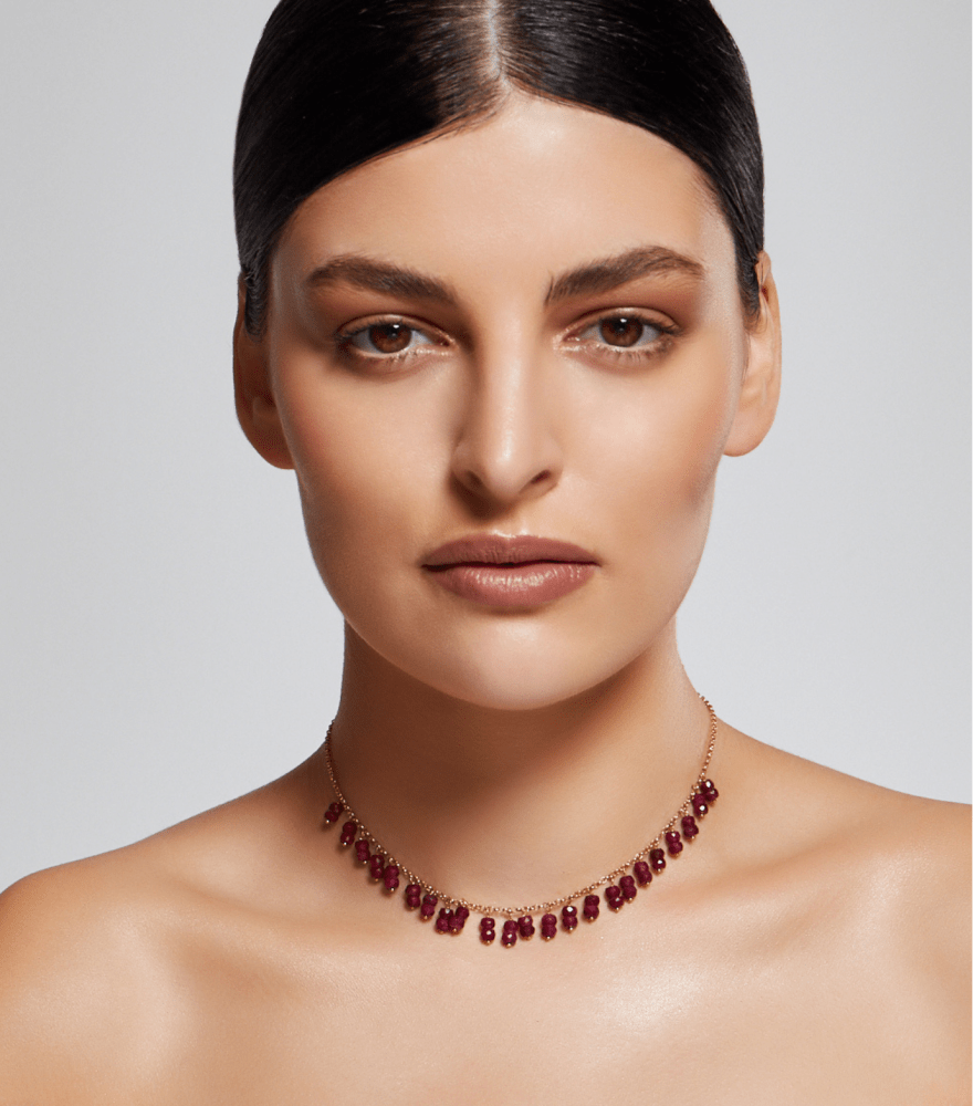 Model Wearing Dana Ruby Frill Necklace Adjustable Length 18k Yellow Gold with Hallmark Stamp One Size 9.9gms