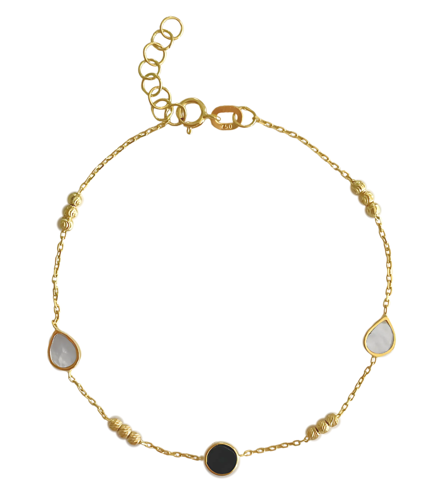 Front View of Inaya Mother of Pearl and Onyx Bracelet in 18k Yellow Gold Adjustable Length with Hallmark Stamp 7 inches 1.4gms