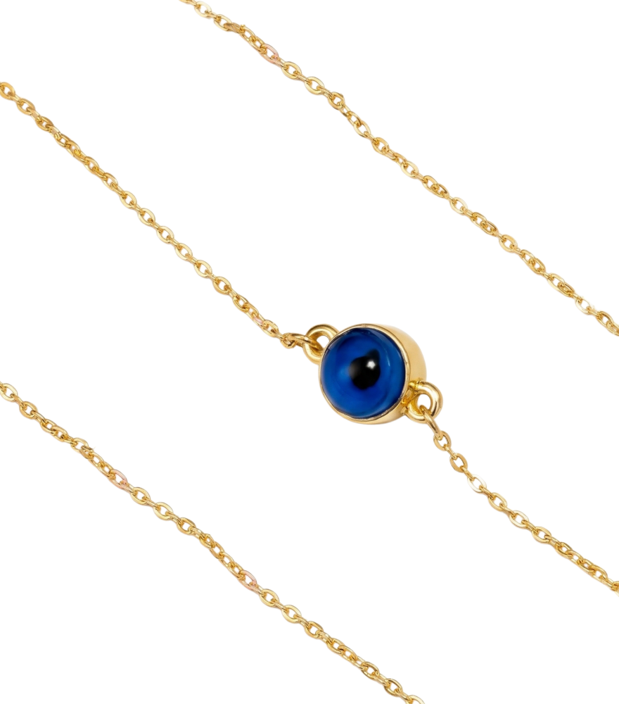 Closeup of Reem Protection Evil Eye Anklet in 18k Gold Adjustable Length Yellow with Hallmark Stamp
