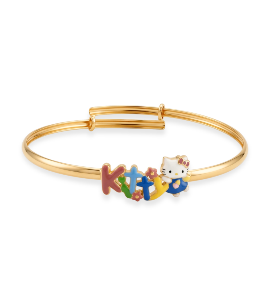 Front View of Cleo Kitty Bangle in 18k gold Open-Adjustable-Resizable Yellow Gold with Hallmark Stamp Metal One Size 2.7gms