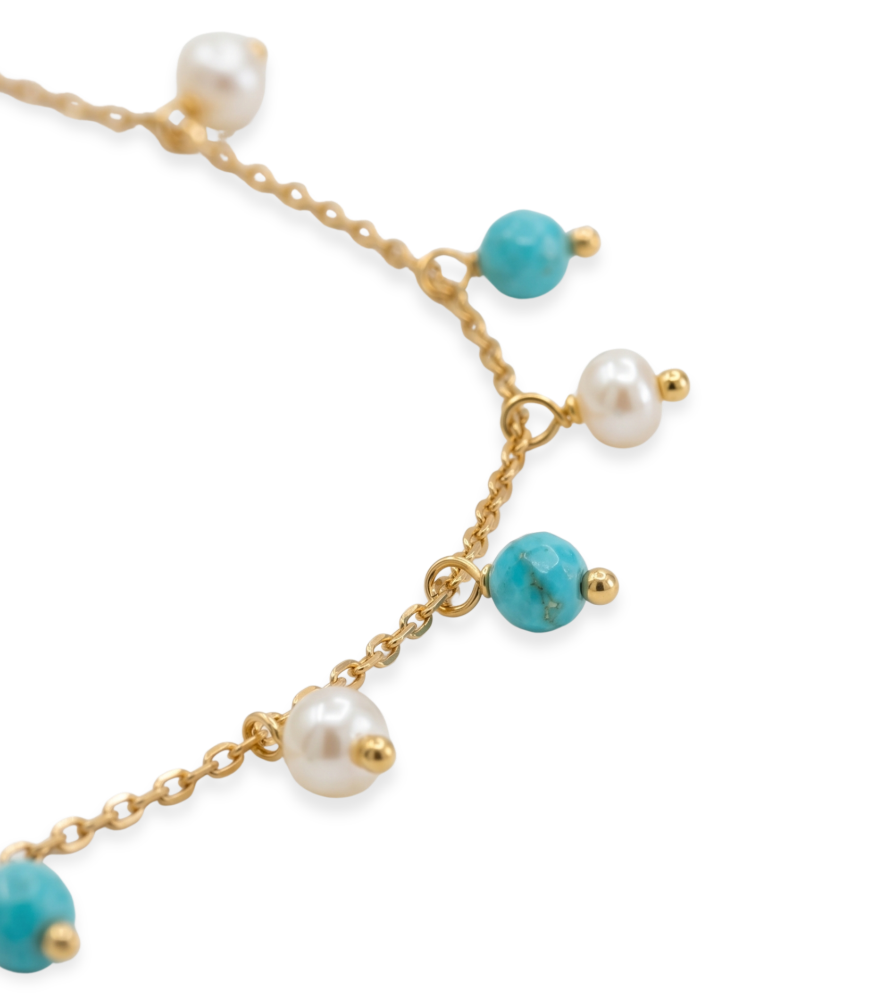 Closeup of Aqua turquoise and pearl Bracelet in 18K Gold Adjustable Length 18k Yellow with Hallmark Stamp 7 inches 1gms