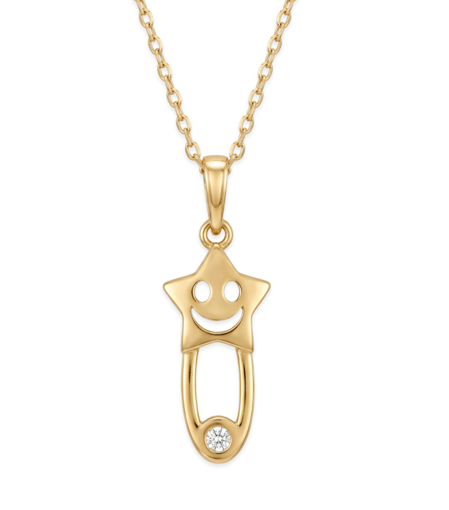 Front View of Golden Happy Star Pin Charm Pendant Necklace in 18K Gold Fixed Length 18k Yellow with Hallmark Stamp Metal One Size 1.6gms