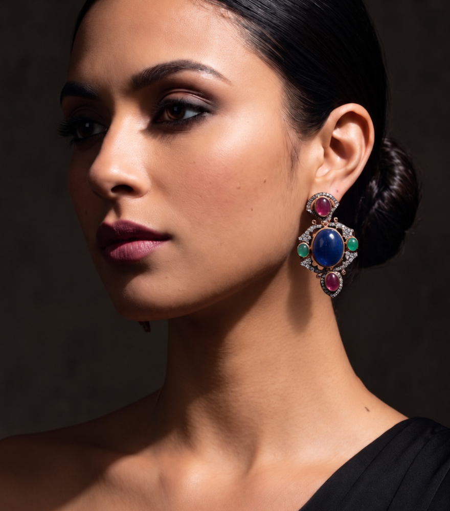 Model Wearing Shalimar Earrings Jewelry for Pierced Ears 18k Gold Plated 925 Sterling Silver One Size 36.8gms Yellow