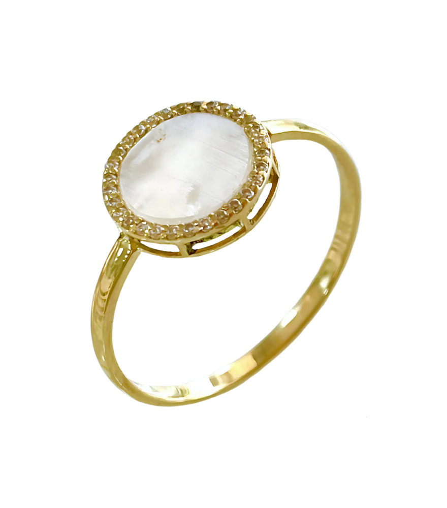 Closeup of Zira Mother of Pearl Open Ring in Solid 18k Gold- Adjustable Fine Gold For Women Comfort Fit Yellow with Hallmark Stamp 1.4gms