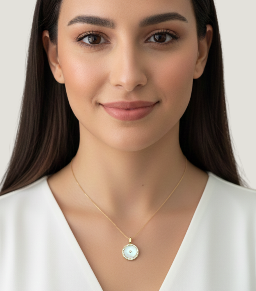Model Wearing Celestia Pearl Pendant Necklace in 18K Gold Comfort Fit 18k Yellow with Hallmark Stamp 16 inches 2.9gms