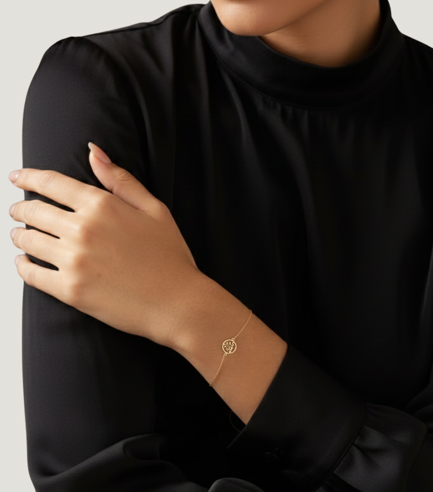 Model Wearing Mashallah Bracelet in 18k Gold Comfort Fit 7 inches 0.6gms Yellow