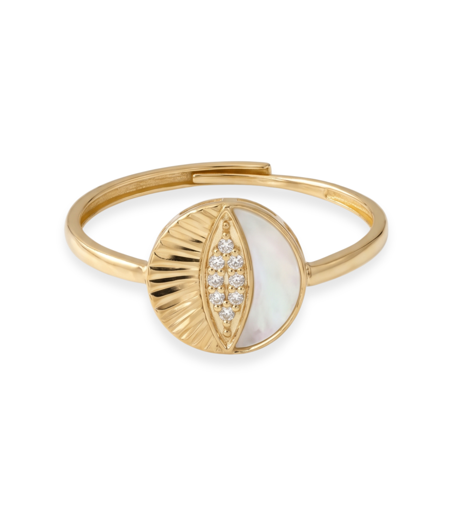 Front View of Riva Open Ring in 18k Gold Open-Adjustable-Resizable Yellow with Hallmark Stamp 7 mm 1.3gms