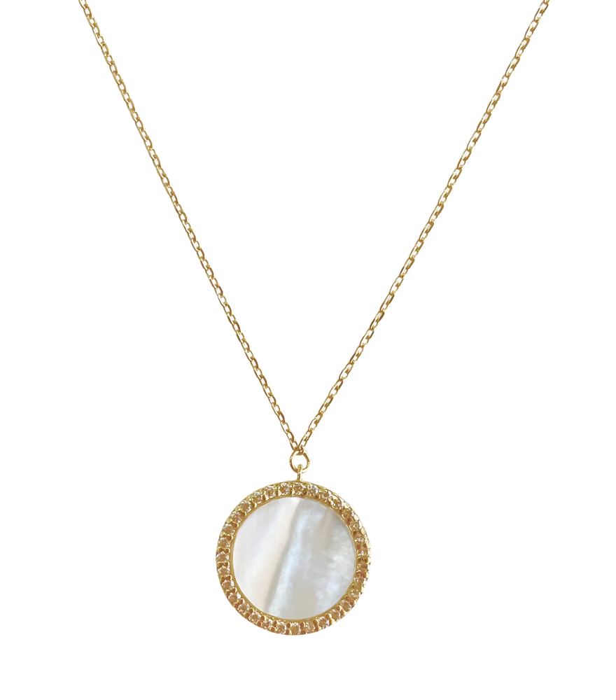 Front View of Zira Mother of Pearl Pendant Necklace Comfort Fit 18k Yellow Gold with Hallmark Stamp 16 inches 1.5gms