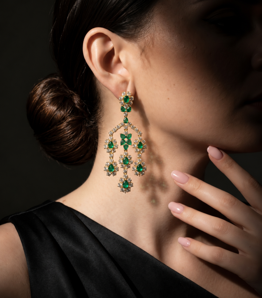 Model Wearing Ragini Dangle Earrings Jewelry for Pierced Ears 18k Gold Plated 925 Sterling Silver One Size 39.2gms