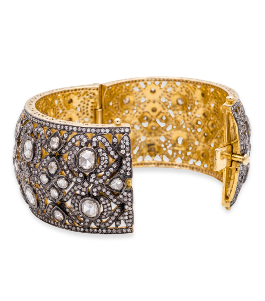 Rear View of Bina Cuff in Sterling Silver Comfort Fit 18k Gold Plated 925 One Size 104.3gms Yellow