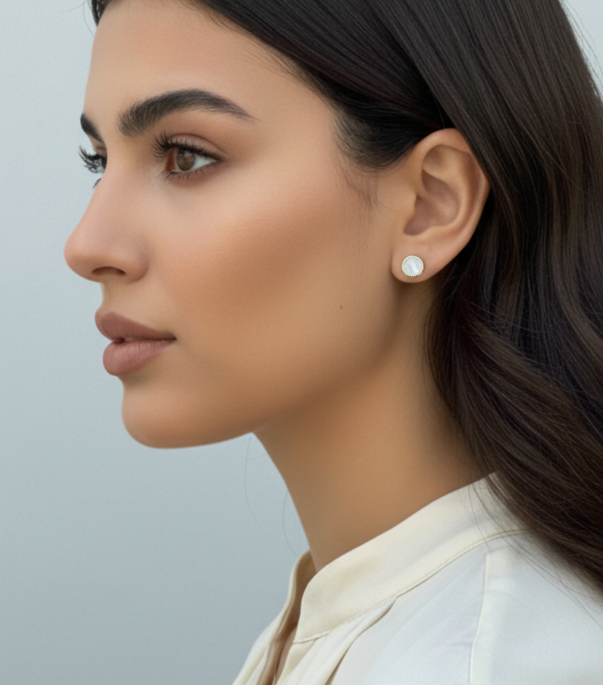 Model Wearing Zira Mother of Pearl Stud Earrings in 18k Gold Jewelry for Pierced Ears Yellow with Hallmark Stamp 1.6gms