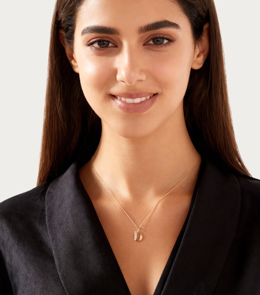 Alternate View of Model Wearing Letter 'D' Initials Pendant Necklace in 18k Gold Fixed Length Yellow with Hallmark Stamp Metal One Size 1.2gms
