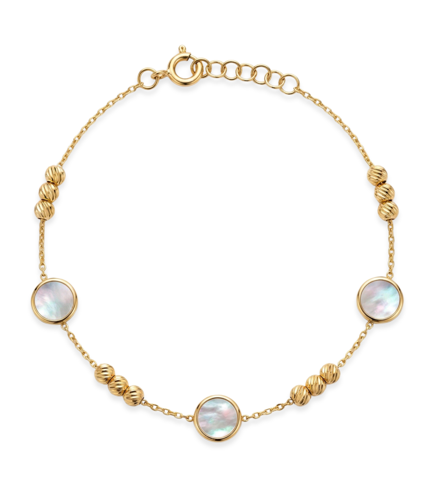 Front View of Nisa Mother of Pearl Bracelet in 18K Gold Adjustable Length 18k Yellow with Hallmark Stamp One Size 1.4gms