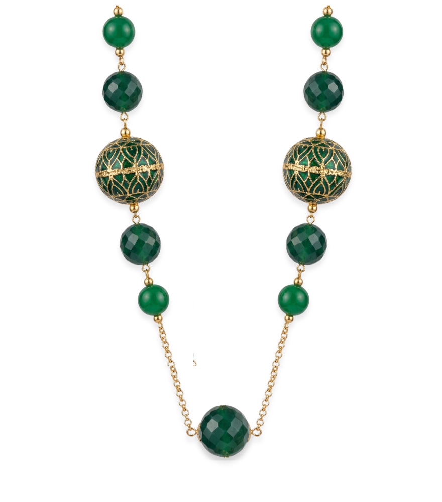 Front View of Anika Pearl and Enamel Necklace in 18k Gold-Green Comfort Fit Yellow Gold with Hallmark Stamp Metal One Size