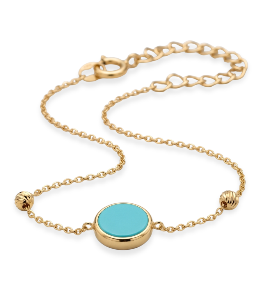 Rear View of Eve Turquoise Bracelet in 18k Gold Adjustable Length Yellow with Hallmark Stamp 7 inches 0.7gms