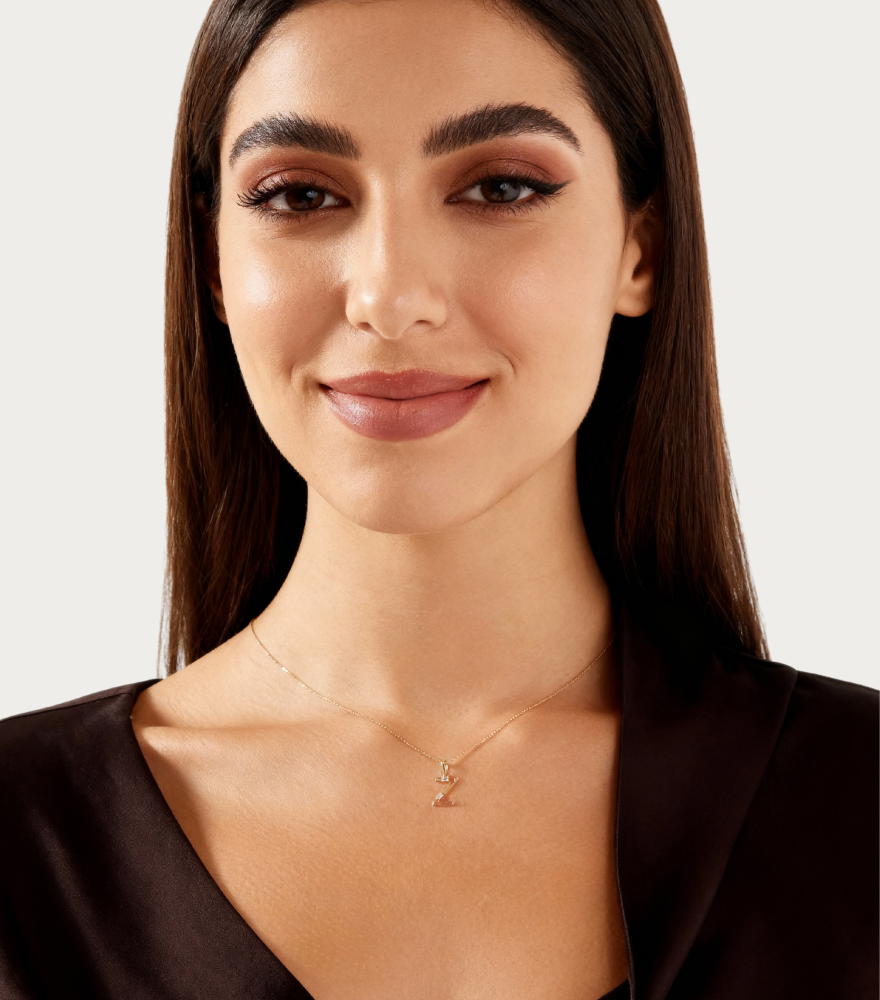 Alternate View of Model Wearing Letter 'Z' Initials Pendant Necklace in 18k Gold Fixed Length Yellow with Hallmark Stamp Metal One Size 1.3gms