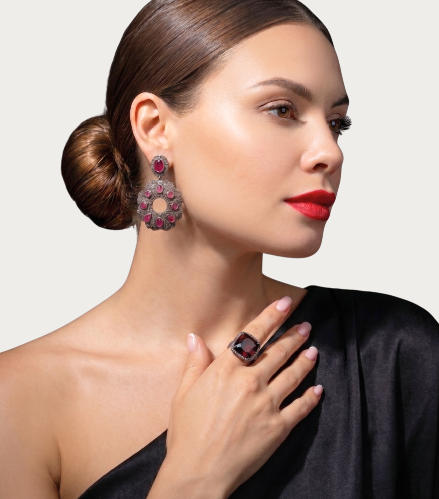 Model Wearing Nitya Earrings in Antique Silver Jewelry for Pierced Ears 18k Gold Plated 925 Sterling Metal Stone One Size 36.5gms
