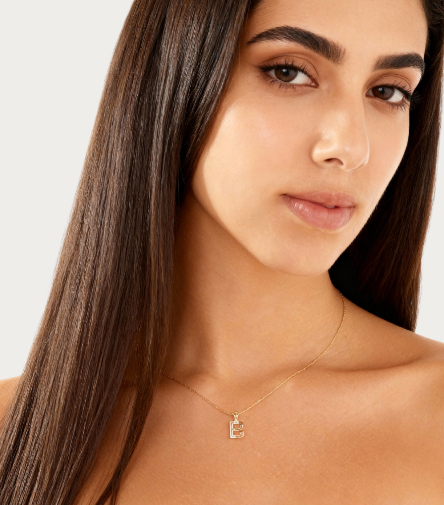 Alternate View of Model Wearing Letter 'B' Initials Pendant Necklace in 18k Gold Fixed Length Yellow with Hallmark Stamp Metal One Size 1.3gms