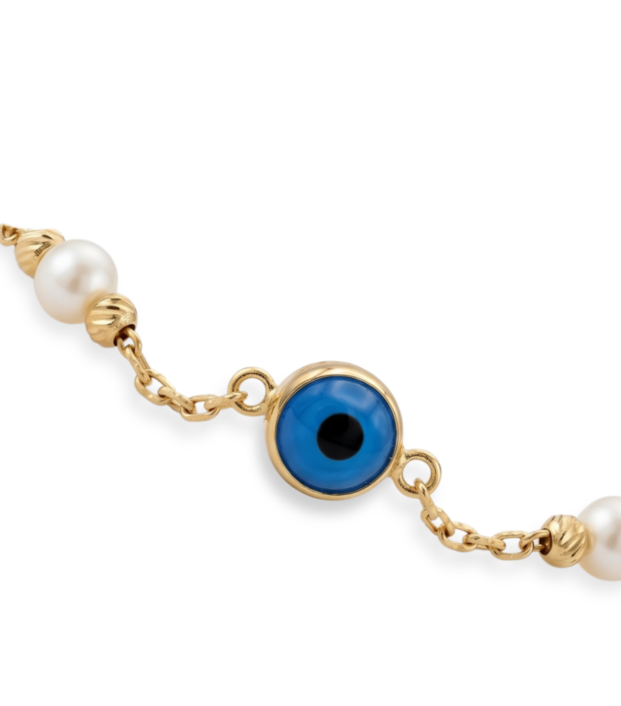 Closeup of Evil Eye Baby Anklet in 18k Gold Adjustable Length Yellow with Hallmark Stamp 6 inches 1gms