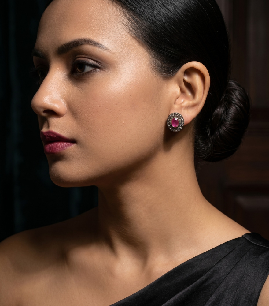 Alternate View of Model Wearing Nyra Diamond and Ruby Earrings in 18k Gold Plated Sterling Silver Jewelry for Pierced Ears 925 One Size 6.3gms