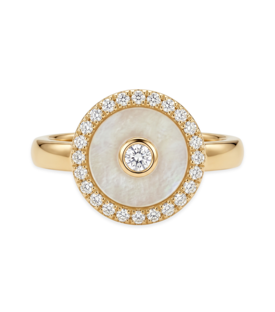 Front View of Celestia Pearl Ring in 18K Gold Comfort Fit 18k Yellow with Hallmark Stamp One Size 3.2gms