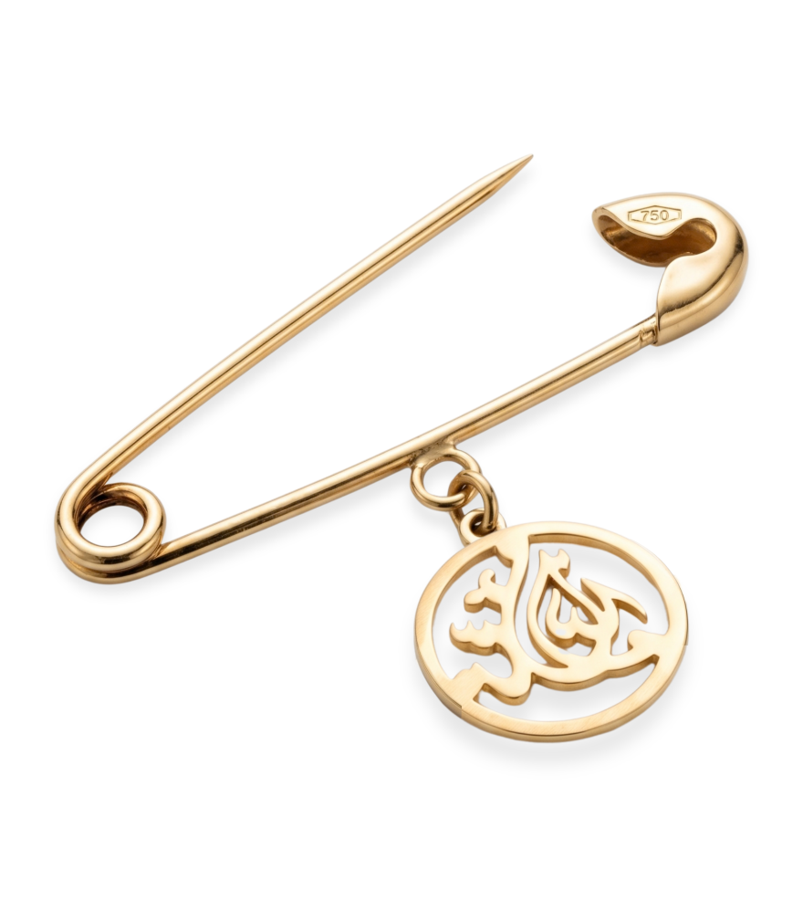 Closeup of Mashallah Brooch Pin in 18k Gold Regular Yellow with Hallmark Stamp Metal One Size 0.8gms
