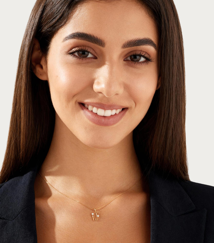 Alternate View of Model Wearing Letter 'W' Initials Pendant Necklace in 18k Gold Fixed Length Yellow with Hallmark Stamp Metal One Size 1.2gms