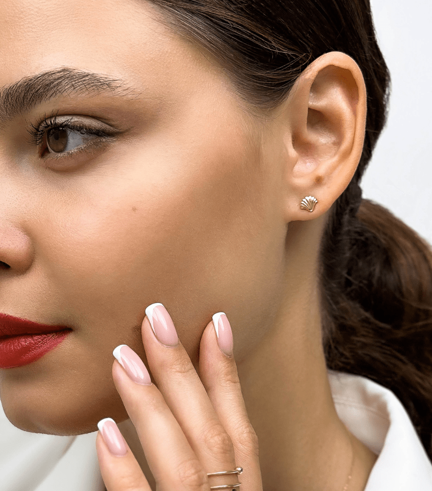 Model Wearing Shelly Stud Earrings in 18k Gold Jewelry for Pierced Ears Yellow with Hallmark Stamp One Size 0.9gms