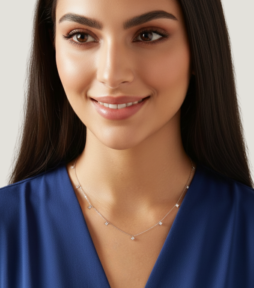 Model Wearing Starlight Charm Necklace in 18k White Gold Comfort Fit 16 inches 0.9gms