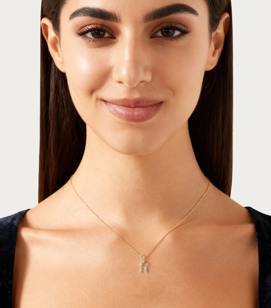 Alternate View of Model Wearing Letter 'R' Initials Pendant Necklace in 18k Gold Fixed Length Yellow with Hallmark Stamp Metal One Size 1.3gms