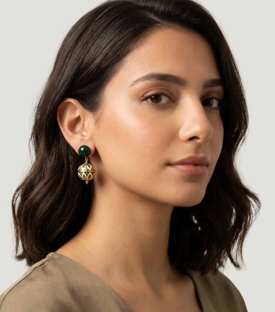 Model Wearing Amira Earrings Jewelry for Pierced Ears 18k Yellow Gold with Hallmark Stamp One Size 10.5gms