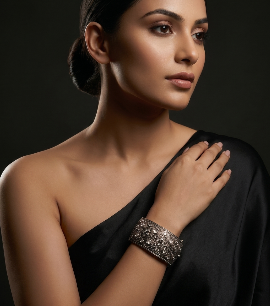 Model Wearing Bina Cuff in Sterling Silver Comfort Fit 18k Gold Plated 925 One Size 104.3gms Yellow