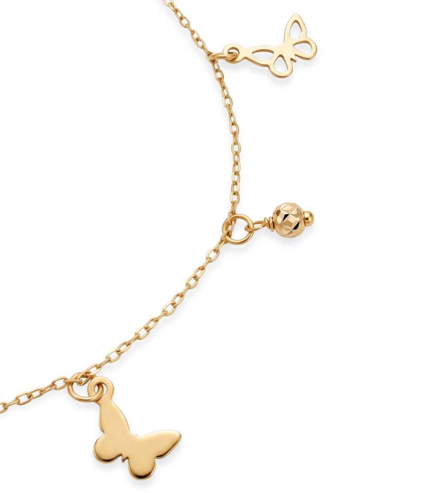Closeup of Bianca Butterfly Charm Bracelet in 18K Gold Adjustable Length 18k Yellow with Hallmark Stamp 7 inches 1.3gms