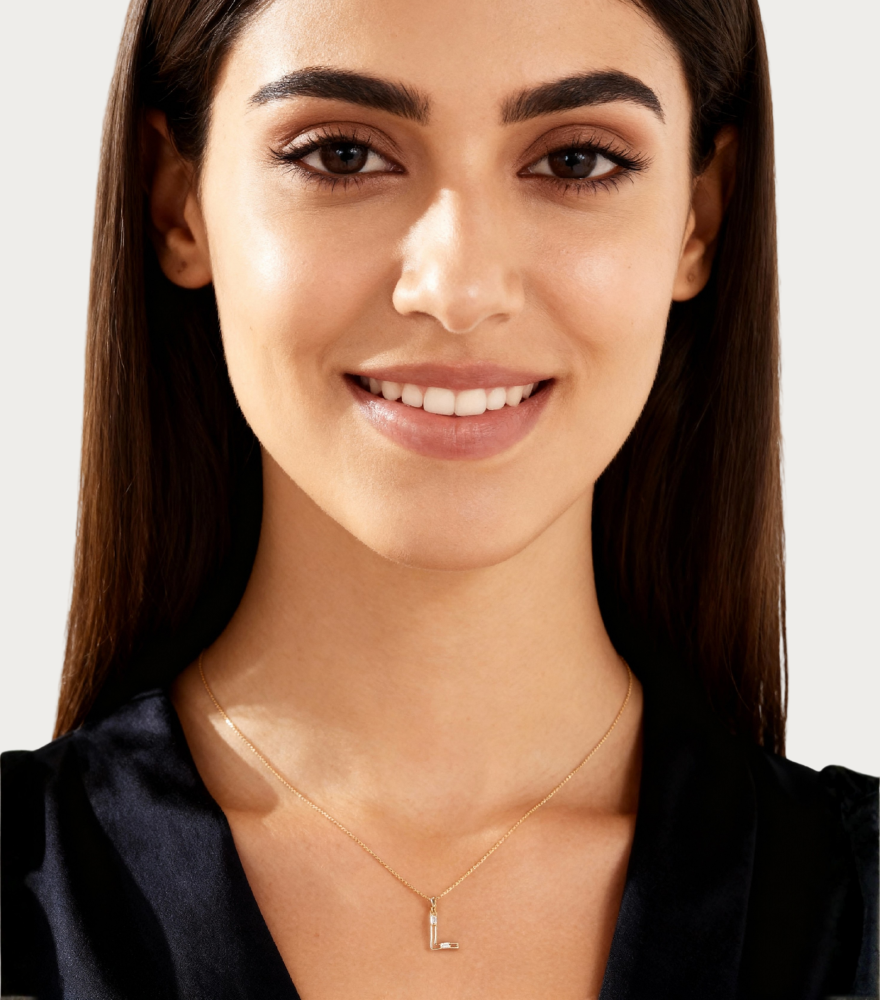 Alternate View of Model Wearing Letter 'L' Initials Pendant Necklace in 18k Gold Fixed Length Yellow with Hallmark Stamp Metal One Size 1.1gms