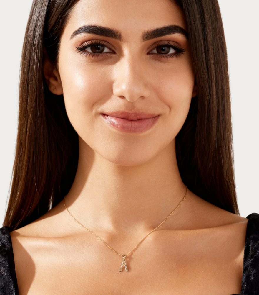 Alternate View of Model Wearing Letter 'A' Initials Pendant Necklace in 18k Gold Fixed Length Yellow with Hallmark Stamp Metal One Size 1.2gms