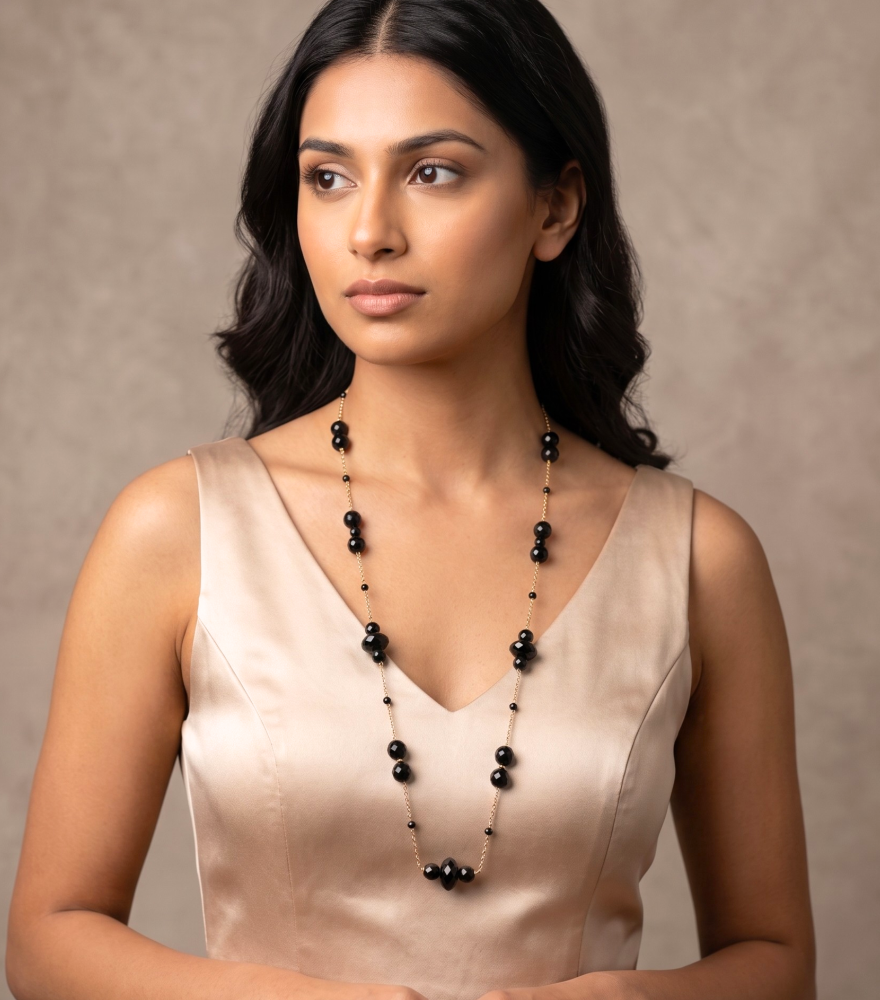 Model Wearing Suhani Black Onyx Necklace in 18k Gold Fixed Length Yellow with Hallmark Stamp Metal Stone One Size 52.5gms