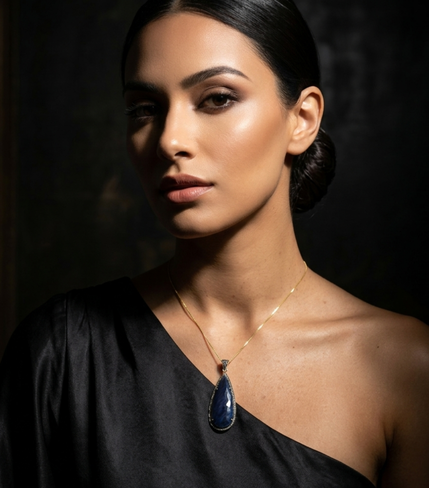 Alternate View of Model Wearing Suman Pendant Necklace Comfort Fit 925 Sterling Silver One Size 15.8gms
