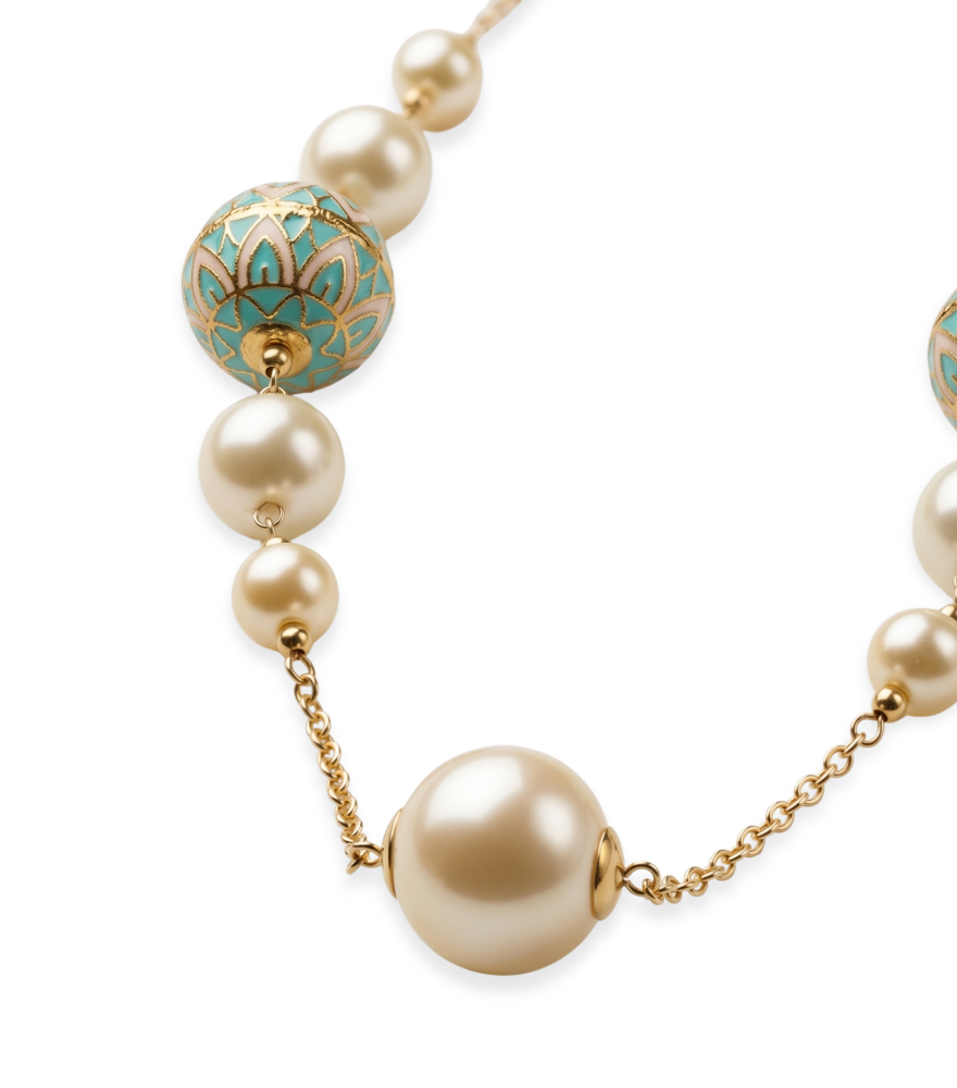 Closeup of Ishani Pearl and Enamel Necklace in 18k Gold Fixed Length Yellow with Hallmark Stamp Metal Stone One Size 48.4gms