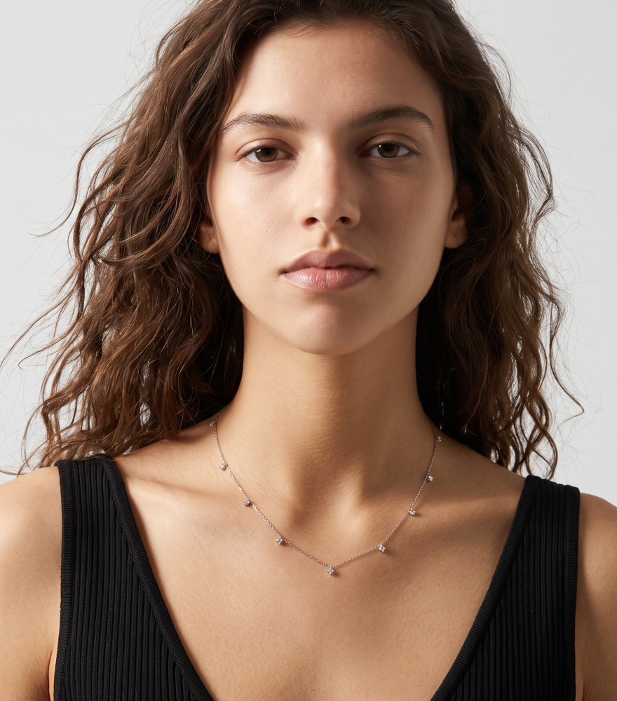 Alternate View of Model Wearing Starlight Charm Necklace in 18k White Gold Comfort Fit 16 inches 0.9gms